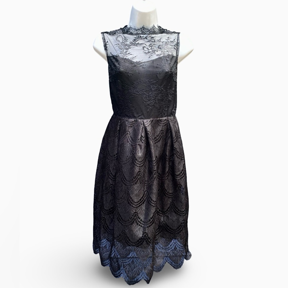 Chic Black Lace High Neckline Midi Dress with Timeless Elegance - NWOT